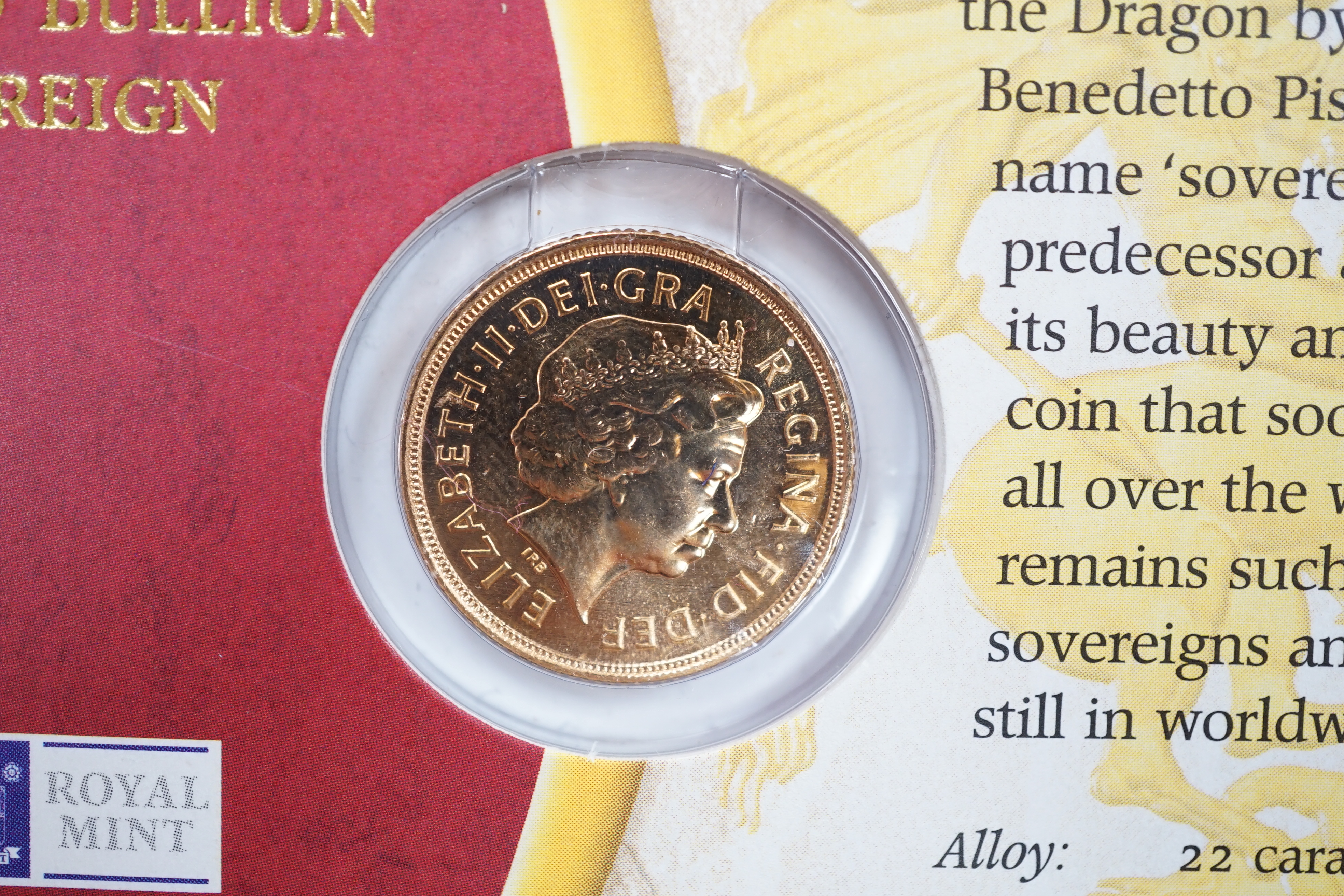 British gold coins, Elizabeth II, 2006 gold bullion sovereign St. George & The Dragon, BUNC, with Royal Mint card